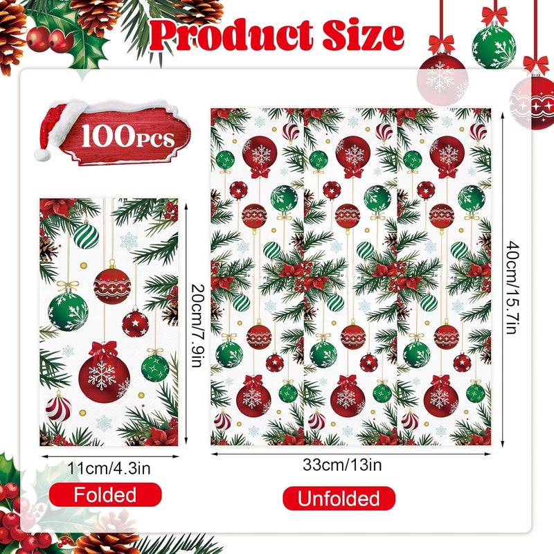 IANFEPH 100 Pcs Christmas Paper Napkin 3 Ply Disposable Bathroom Guest Hand Towels Xmas Ball Pine Decorative Dinner Napkins for Winter Holiday Kitchen Wedding Birthday Party - Image 4